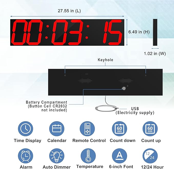 Digital Wall Clock, Oversize Led Digital Clock Large Display with Auto Dimmer, Huge Countdown Timer with Remote Control, 27" Wide Led Display, 6 Digits, Wall Mount, Date and Temperature (Red)