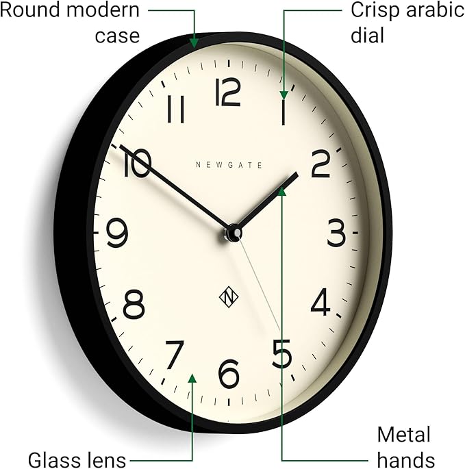 NEWGATE® Number Three Echo Wall Clock | Modern Round Clock | 14.5 inch | Black | Easy to Read Numbers | Ideal for Kitchen, Living Room or Office