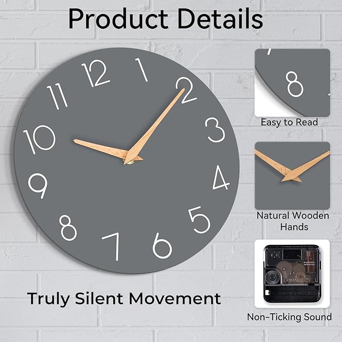 Wall Clock, 10 Inch Wooden Silent Non-Ticking, Decorative Battery Operated Wall Clocks for Bedroom, Kitchen, Home, Living Room, Office, School, Hotel (Gray)