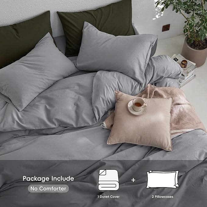 MooMee Queen Duvet Cover Set, 100% Washed Cotton Linen Like Twill Thick Sturdy Material Super Soft Breathable Durable Bedding for All Season, 3 Pieces (Polar Grey, Queen 90"x90")