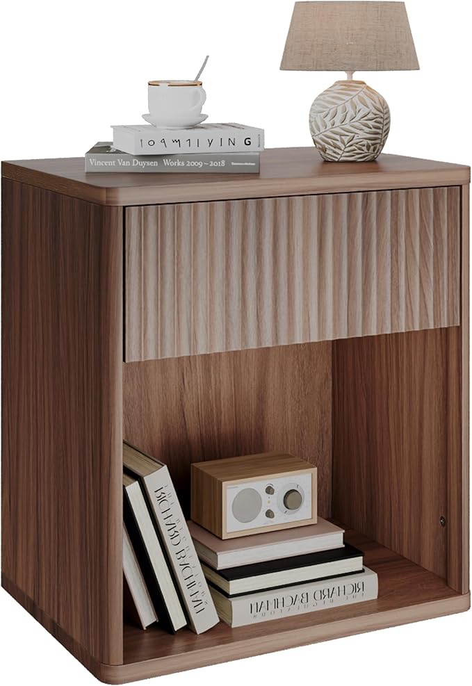 WLIVE Night Stand, Wood Nightstand with Storage Drawer and Open Shelf, Fluted Bedroom Nighstand, Mid Century Bed Side Table, End Tables Living Room, Dorm, Home Office, Carrocci Brown