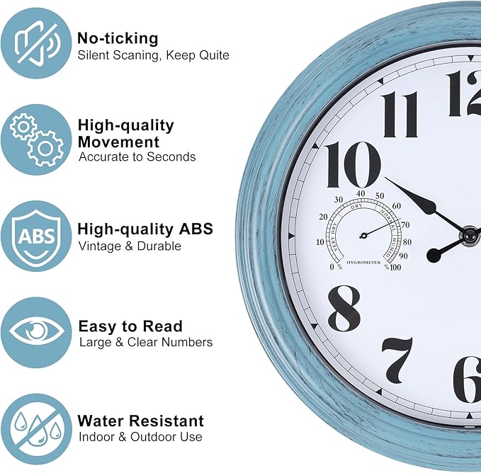 12 inch Outdoor Wall Clock, Plastic Waterproof Outdoor Clock with Temperature & Humidity, Water Resistant Wall Clocks for Patio Garden, Green