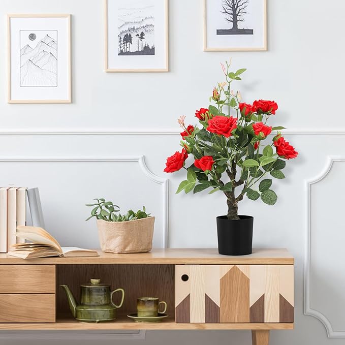 Romantic season 2Pack Artificial Rose Flower Trees, 24Inch Red Faux Rose Tree with Green Leaves for Living Room Office Home Outdoor Indoor Decor