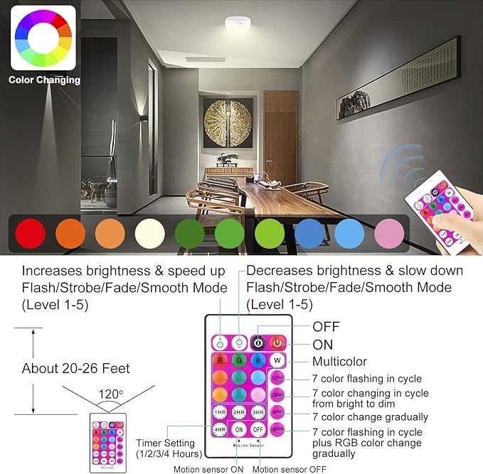 LUXSWAY LED Motion Sensor Ceiling Light Battery Operated with Remote Control,Multi Colors Changing Ceiling Lamp,Cordless Shower Accessories Closet Light with Timer for Bedroom,Kitchen,Hallway,250LM