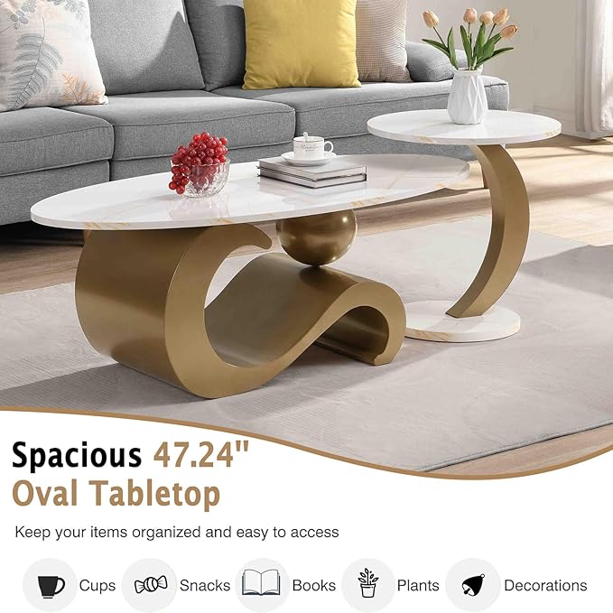 Marble Nesting Coffee Table Set of 2,Modern Oval Center Tea Table and Round Side Nightstand Set w/Faux Marble Top and Metal Frame for Living Room Accent Furniture (Gold)