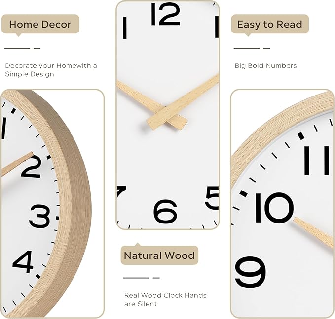 AKCISOT Wall Clock 12 Inch,Boho Office Wall Clocks Battery Operated Non Ticking,Silent Modern Clock Decorative for Kitchen,Bedroom,Living Room,Classroom(Wood Grain)