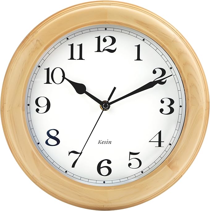 Wooden Analog Wall Clock, 11 inches Round Wall Clocks Battery Operated Silent Non-Ticking, Large Roman Numerals, Traditional Design for Kitchen Living Room Classroom Gym, Natural Grain