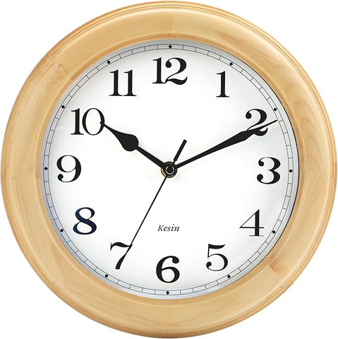 Wooden Analog Wall Clock, 11 inches Round Wall Clocks Battery Operated Silent Non-Ticking, Large Roman Numerals, Traditional Design for Kitchen Living Room Classroom Gym, Natural Grain
