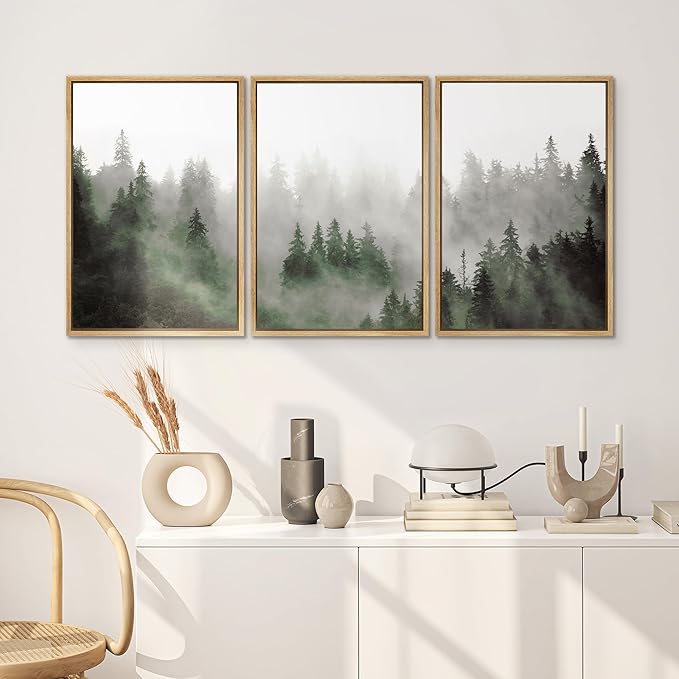 SIGNWIN Framed Canvas Print Wall Art Woodland Nursery Decor Set Fog & Mist Over Green Pine Tree Forest Nature Wilderness Modern Art Chic Landscape for Living Room, Bedroom, Office - 16"x24"x3 Natural
