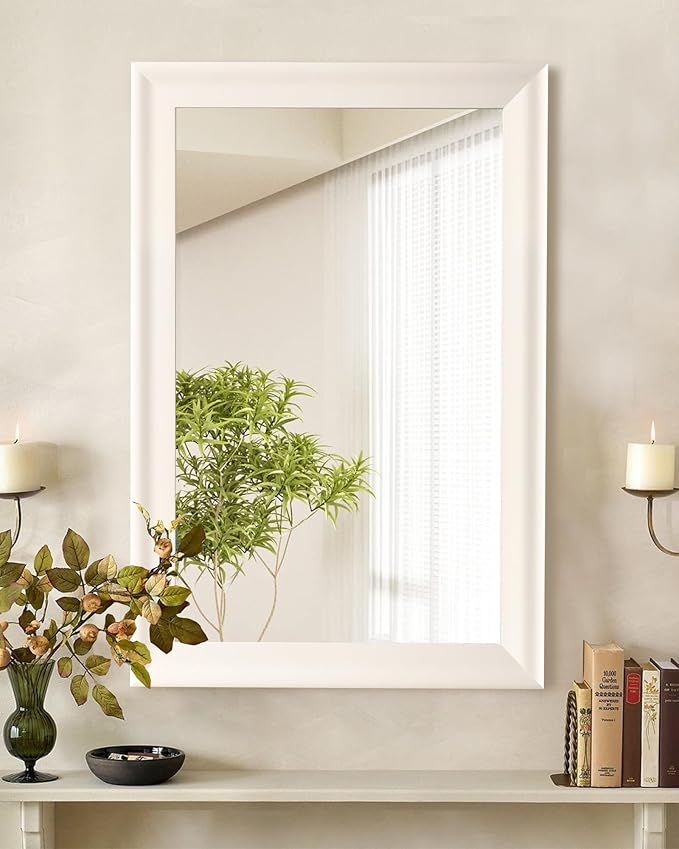 CULER White Wood Wall Mirror for Bathroom,Rectangle Rustic Beige 24 x 36 inch Hanging Vanity Ivory Mirrors with Wooden Frame for Living Room,Bedroom,Entryway