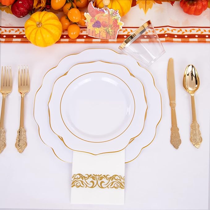 NOCCUR 175PCS Gold Plastic Plates with Disposable Silverware - White Gold Plastic Tableware Include 25 Dinner /25 Dessert Plates, 75 Cutlery, 25 Cups, 25 Napkins - Ideal for Party&Thanksgiving