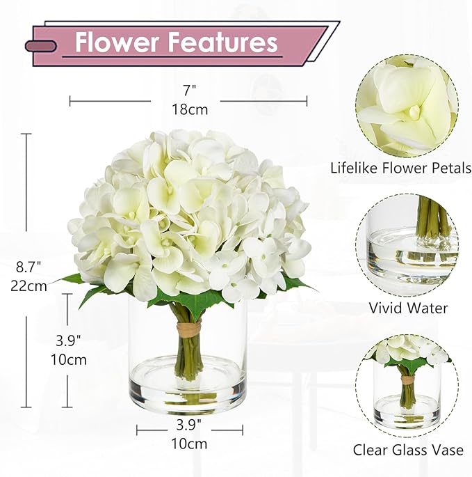 Hollyone Real Touch White Hydrangea Artificial Flowers in Vase Latex Small Faux Hydrangea Flowers Arrangements Hydrangeas Fake Flower with Glass Vase with Faux Water for Table Centerpiece Home Decor