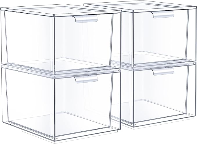 Sorbus Square Clear Stackable Storage Drawers – 4-Pack Plastic Organizer Bins with Handles – Stackable Pull-Out Storage Drawers for Closet, Pantry, Office, Bathroom, Craft, and Toy Organization