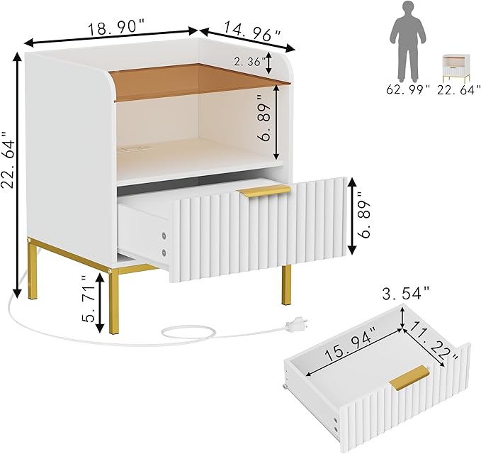 Fluted Nightstand with Charging Station and Glass Top, Modern Bedside Table with Metal Legs, Wood End Table for Bedroom, Living Room (White)