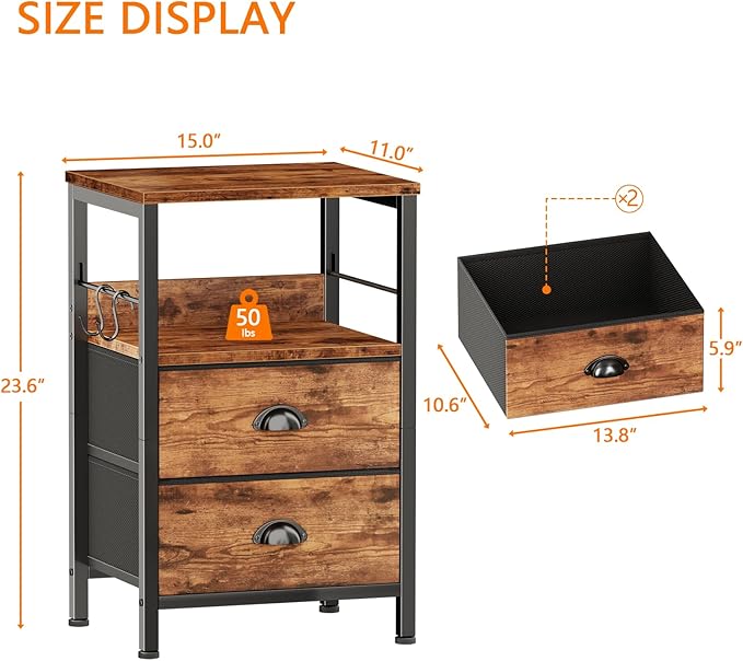 Furologee Nightstand with 2 Fabric Drawers, Bedside Table End Tbale with 2-Tier Shelf, Side Table with Hooks and Wood Top for Bedroom/Living Room/Hallway/Rustic Brown