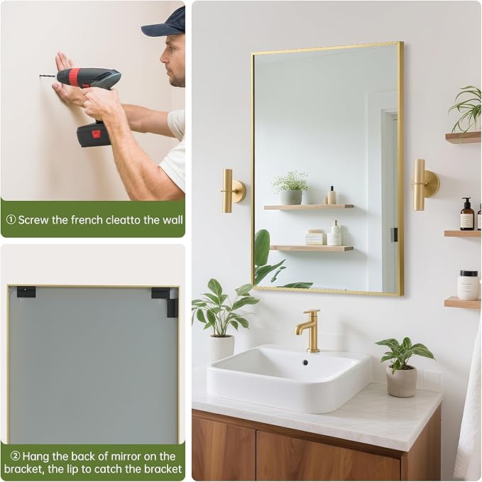 FARMER 24x36 Inch Gold Bathroom Mirror, Rectangle Wall Mounted Mirror, Vanity Mirror, Brushed Square Mirror, Framed Bathroom Mirror for Bedrooms, Entryways, Living Rooms, Horizontal/Vertical