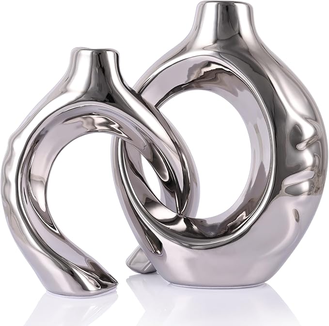 Silver Home Decor Ceramic Vase, Round Vase with Holes Set of 2, Suitable for Wedding Entrance Decoration, Bookshelf, Mantel, Unique Home Decor (Silver)