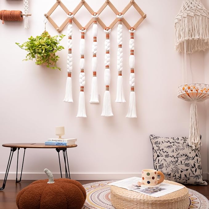 Remmdan Macrame Wall Hanging: Boho Wall Decor, Textile Tassel Wall Hanging, Fiber Yarn Boho Wall Art for Living Room Bedroom, 32" L x 1.8" W x 6 Pcs, White and Orange