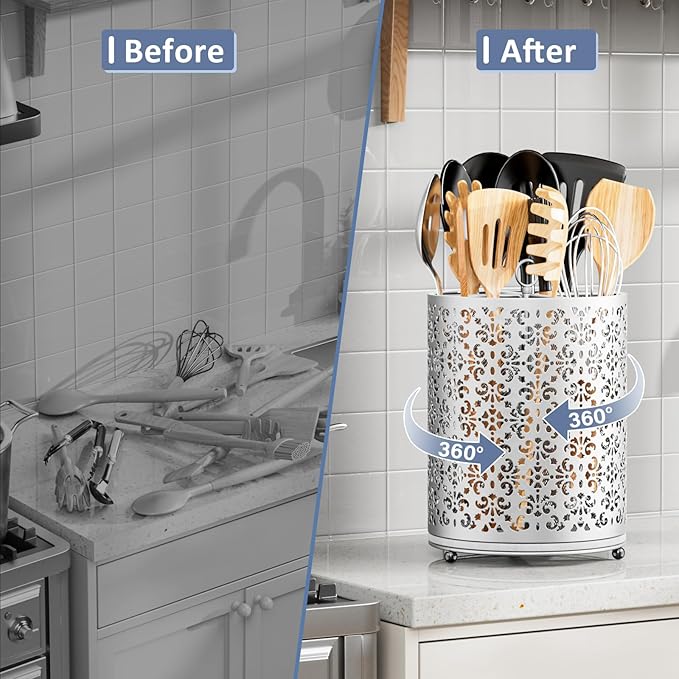 Extra Large Utensil Holder - 360° Rotating Cooking Utensils Caddy Countertop Organizer with Instant-Dry and Removable Base for Kitchen Tools