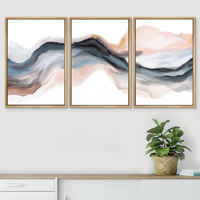 SIGNWIN Framed Canvas Print Wall Art Set Pastel Watercolor Blue Brown Ink Wave Smoke Landscape Abstract Shapes Illustrations Modern Art Decorative for Living Room, Bedroom, Office - 24"x36"x3 Natural