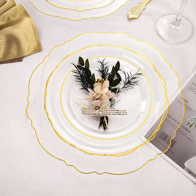 WDF 100pcs Clear Disposable Plastic Plates With Gold Trim - Baroque Clear Gold for Parties or Wedding or Father's Day - including 50PCS Dinner Plates 10.25inch and 50PCS Salad Plates 7.5inch
