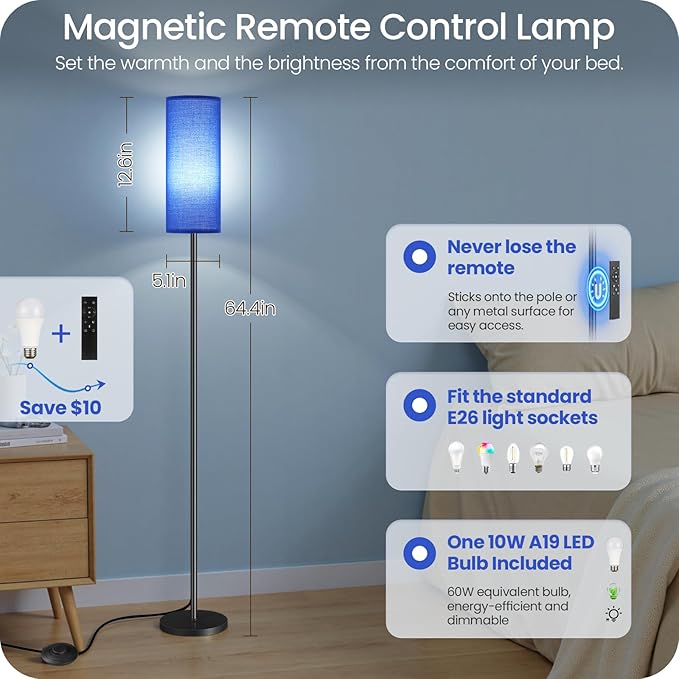 Dimmable Blue Floor Lamp for Living Room with Remote and Foot Switch, Corner Floor Lamp for Bedroom, 66" Standing Tall Lamp, 10W 900LM Bulb Included, 3000K-6500K, Linen Shade, FCC Listed U06LD05W1