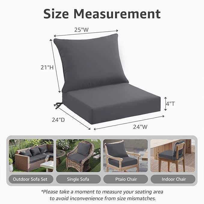 Outdoor Seat Cushion Set 24 x 24 x 4 Inch, Waterproof & Fade Resistant Patio Furniture Cushions with Removable Cover and Ties, Thick Deep Seating Pads for Outside Chair Sofa Couch, Grey