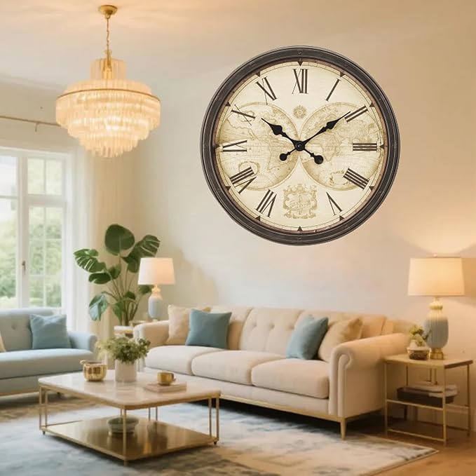 20 Inch Retro Farmhouse Wall Clock, Vintage Silent Non-Ticking, Battery Operated Decorative Clock for Living Room, Kitchen, Bedroom, Office and Home Decor,Brown Roman Number