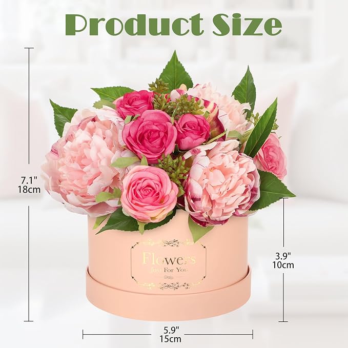 Hollyone Pink Peonies Roses Artificial Flowers in Vase Round Gift Boxes with Fake Flowers Arrangements Faux Flowers Floral in Box Vase for Her Mothers' Day Valentine's Day Christmas Birthday Gift