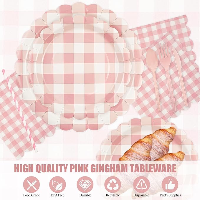 400PCS Light Pink Gingham Party Supplies, Scalloped Disposable Tableware Set Includes Paper Plates Napkins Cups Straws Forks Knives Spoons for Baby Shower Birthday Wedding Decorations, Serve 50