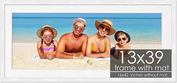 13x39 Frame with Mat - White 16x42 Frame Wood Made to Display Print or Poster Measuring 13 x 39 Inches with White Photo Mat