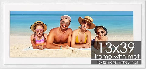 13x39 Frame with Mat - White 16x42 Frame Wood Made to Display Print or Poster Measuring 13 x 39 Inches with White Photo Mat