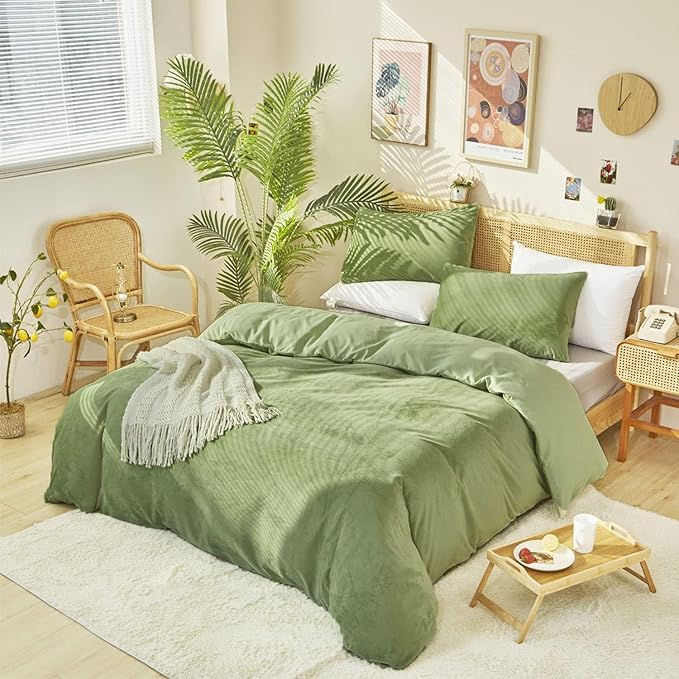 Luxlovery Sage Green Velvet Comforter Set Twin Size Dusty Green Plush 3 Piece Bedding Sets Twin Fluffy Comfy Soft Quilted Lightweight Durable Bedding Set with 2 Pillowcases Women Men Adults Teens