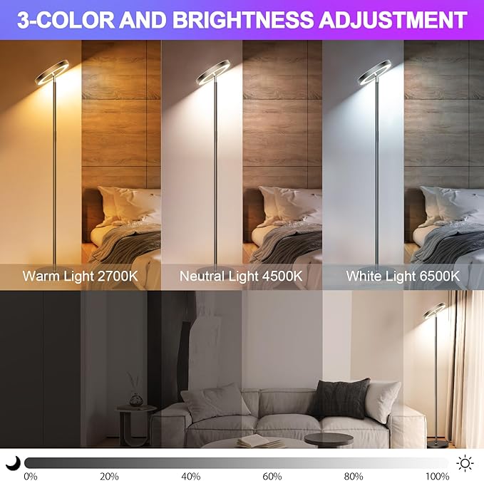 Smart RGB Floor Lamps for Living Room, 36W/3000LM Bright LED Standing Lamp with App & Remote Control, Modern Color Changing Tall Lamp with Stepless Dimming, Torchiere Corner Floor Lamp for Bedroom