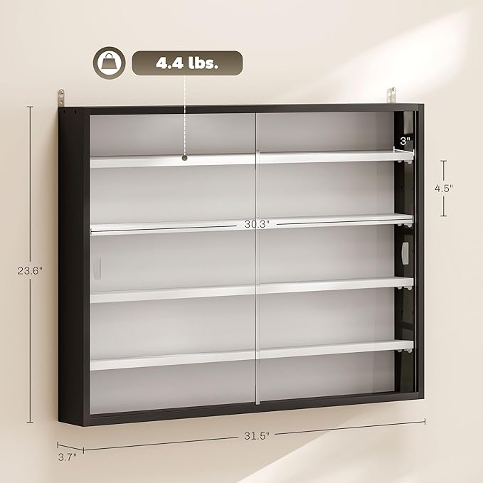 HOMCOM 5-Tier Display Cabinet, Glass Door Cabinet with Adjustable Shelves, Wall-Mounted Display Case for Playroom, Bedroom, Black and White
