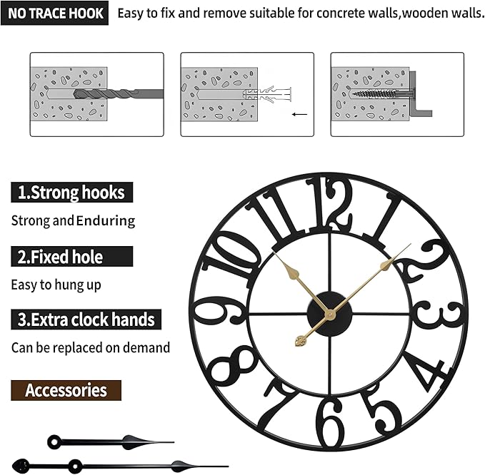 1st owned Large 24 Inch Silent Non-Ticking Wall Clock - Battery Operated, Metal Vintage Retro Decorative Modern Wall Clock for Bedroom, Kitchen, Office, Farmhouse Decor