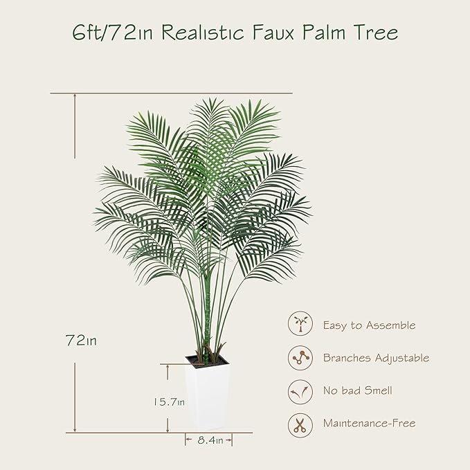 Bellacat UV Resistant 6ft Faux Palm Tree with Tall White Decorative Planter, 72in Artificial Palm Tree with Realistic Leaves & Branches, Fake Palm Tree for Home Office Porch Front Door Patio Decor.