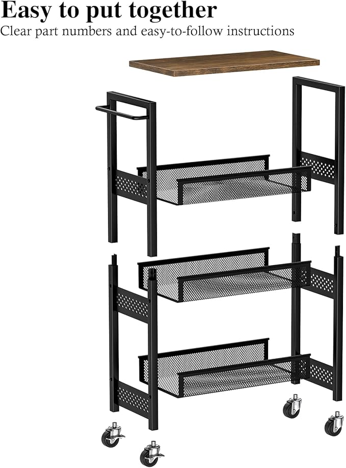 Utility Slim Storage Cart, 4-Tier Narrow Bathroom Organizer and Storage Cart, Metal Narrow Kitchen Laundry Room Organization Rack with Wood Top, Slim Rolling Shelf with Wheels for Small Space