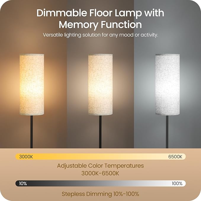 64.4” Dimmable Floor Lamp for Living Room with Remote and Foot Switch, Corner Floor Lamp for Bedroom, 10W 900LM LED Bulb Included, Modern Standing Tall Lamp, 3000K-6500K, Beige, FCC Listed E06LD05W1