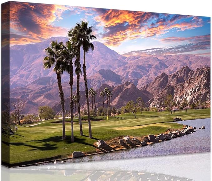 Golf Course at Sunset in Palm Wall Art Prints USA California Picture Canvas Wall Decor for Home Living Room Bedroom Bathroom Framed Artwork Ready to Hang(24''H x 36''W)