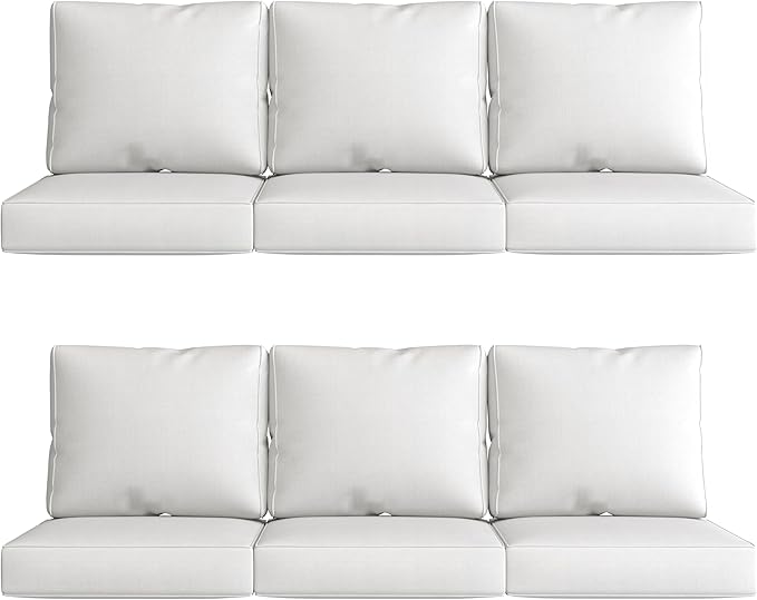 UIXE 24.5" Deep Seat Outdoor Cushion Set with Back Pads, Patio Furniture Cushions, Sectional Sofa Bistro Chair Cushion - White, Set of 6