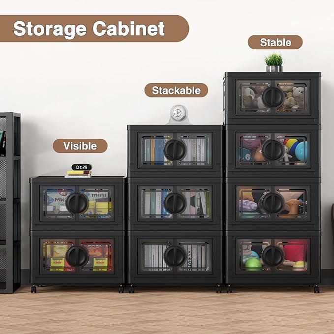 30 Gal Lockable Storage Bins with Lids, Stackable Collapsible Storage Bin with Wheels, Closet Organizers and Storage Drawer, Plastic Cabinet for Toy Clothes Organizer, V9 1 Pack Black