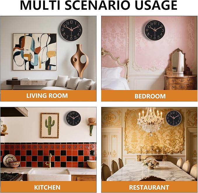 Modern Silent Wall Clock - 12 Inch Wall Clocks Battery Operated Large Number, Non-Ticking Analog Clock with Tempered Glass Quartz Clocks for Living Room Bedroom Office Kitchen, Black Rose Gold