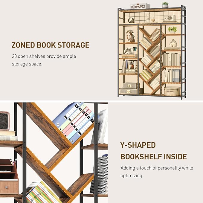 Triple 7-Tier Bookshelf, Industrial Large Bookcase with 20 Open Display Shelves, Modern Tree Bookcase with Metal Frame and Hanging Function for Living Room, Home Office, Rustic Brown and Black