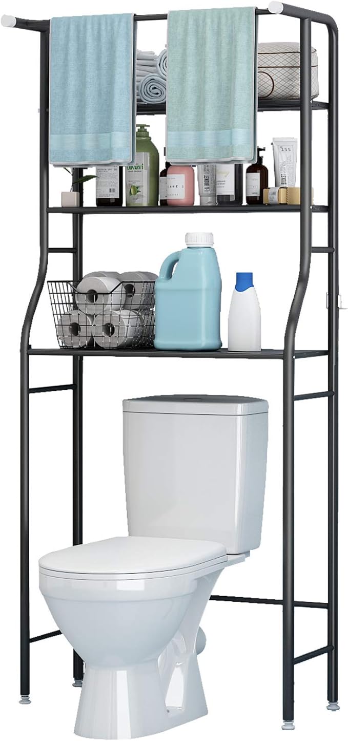 UDEAR 3-Tier Over The Toilet Rack,Bathroom Shelf Space Saver,Corner Stand Storage Organizer Accessories,The Washing Machine,with Hanging Rod,Tower Shelf,Black