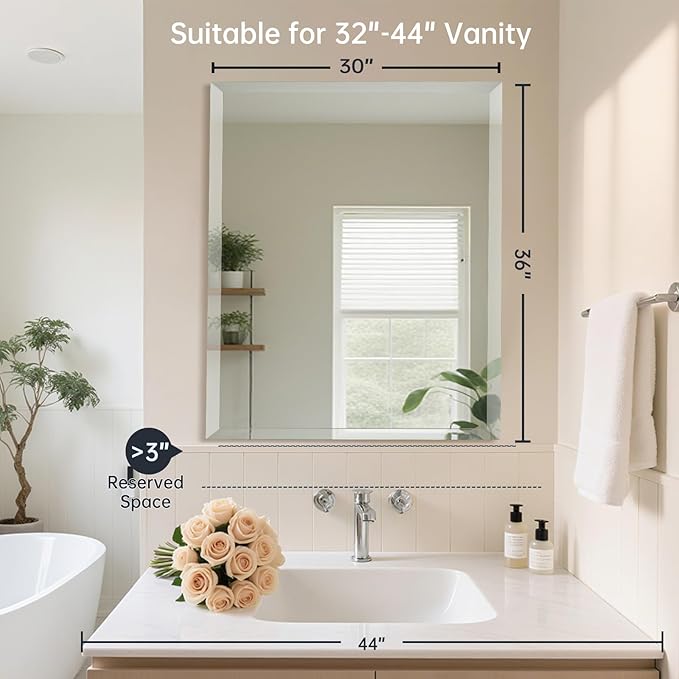 30x36 Inch Frameless Wall Mirror with 1" Beveled Edge, Frameless Rectangle Mirror for Bathroom, Vanity, Living Room