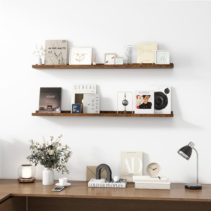 Picture Ledge Shelf, Wood Long Floating Shelves for Wall, Set of 2, 48 inch Picture Ledge Shelves, Photo Ledge Nursery Book Shelves Wall Mounted for Living Room Kids' Room Bedroom, Color Brown