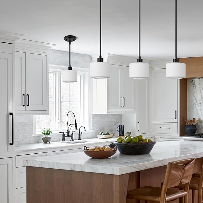 Milk Glass Pendant Lights Kitchen Island, 1-Light Modern Black Hanging Light Fixtures with Rods, Mini Kitchen Pendant Lighting Over Island for Sink Bathroom, OS-YQ8153-1PBK