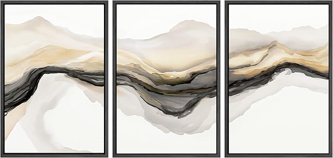 SIGNWIN Framed Canvas Print Wall Art Set Gold Gray Smoke Wave Landscape Abstract Shapes Illustrations Modern Art Decorative Contemporary Colorful for Living Room, Bedroom, Office - 16"x24"x3 Black