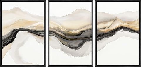 SIGNWIN Framed Canvas Print Wall Art Set Gold Gray Smoke Wave Landscape Abstract Shapes Illustrations Modern Art Decorative Contemporary Colorful for Living Room, Bedroom, Office - 16"x24"x3 Black